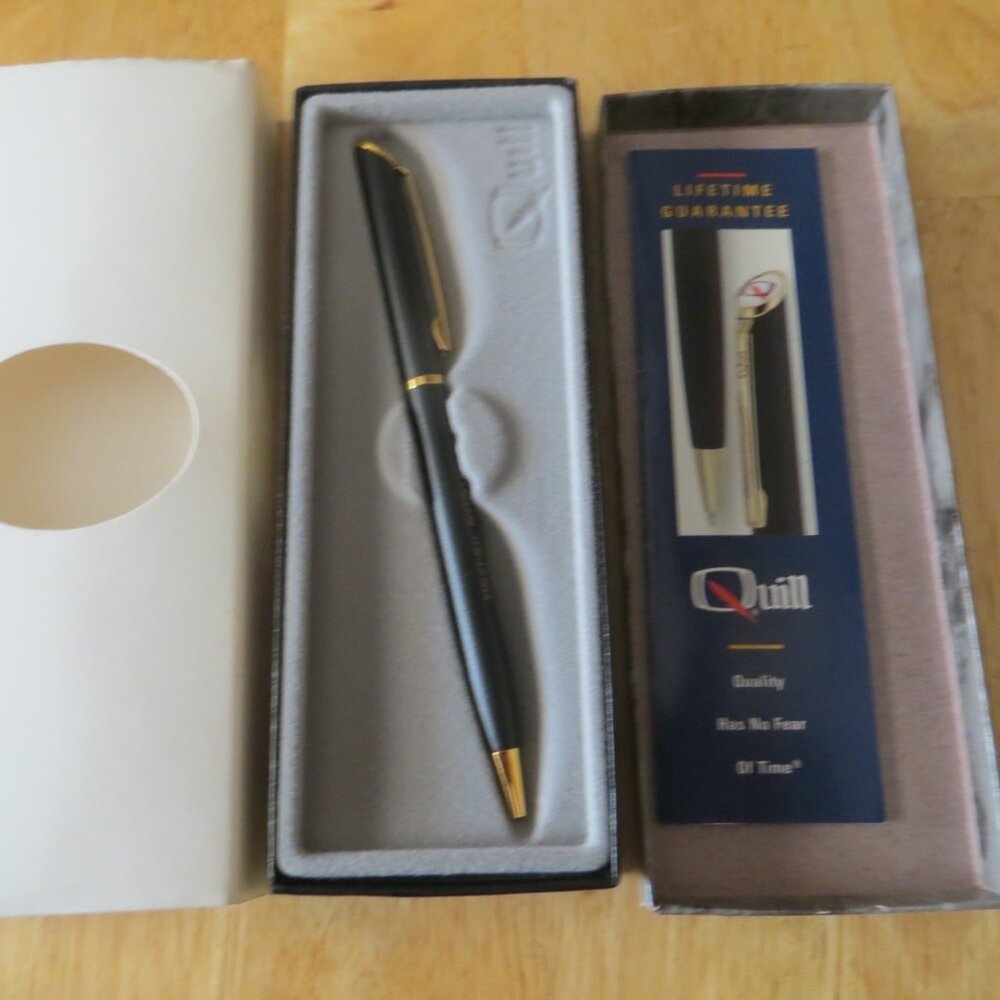 Quill Ballpoint Pen, Black With Gold Trim, Black